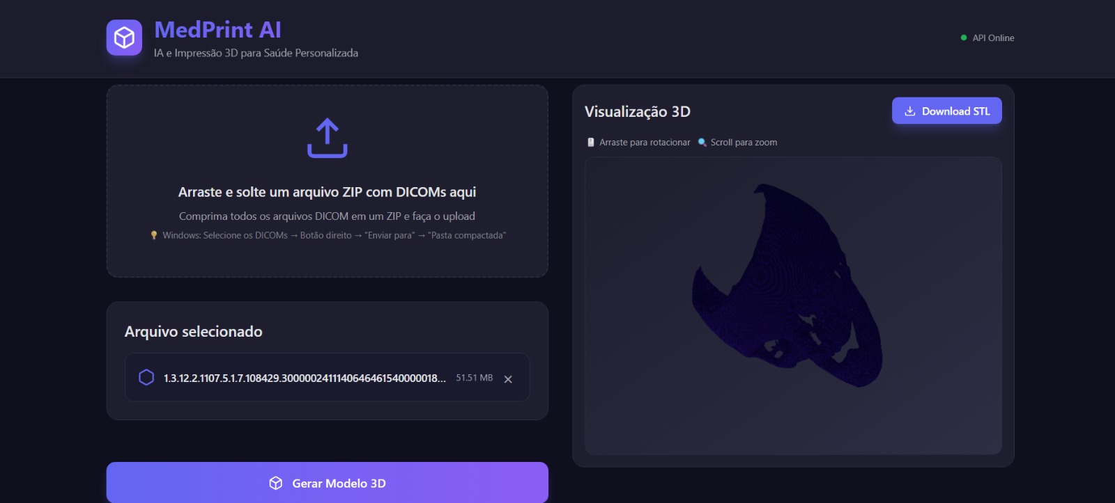 Visualização 3D de um modelo anatômico gerado pelo MedPrintAI a partir de um exame DICOM